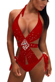 Halter Rhinestone Plain Backless One Piece Swimsuit Red