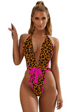 Deep V Neck Halter Belted Leopard Print Thong One Piece Swimsuit Brown