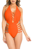 Open Back Cut Out Halter One Piece Swimsuit Orange