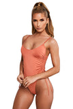 Scoop Neck Cinched Plain High Cut Thong One Piece Swimsuit Tangerine