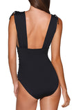 Wide Straps Ruched V Neck High Cut One Piece Swimsuit Black