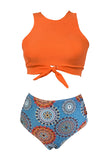Solid Tie Crop Top Tribal Print Two Piece Swimsuit Orange