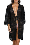 Solid Open Front Crochet 3/4 Sleeve Beach Cover Up Black