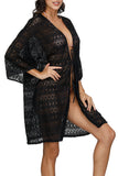 Solid Open Front Crochet 3/4 Sleeve Beach Cover Up Black