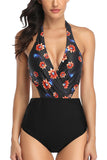 Deep V Neck Floral Cut Out One Piece Swimsuit Navy Blue
