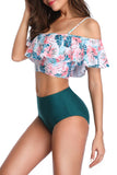 Womens Floral Cold Shoulder Two Piece Swimsuit