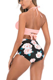 Halter Top Rose Print High Waisted Bikini Set Pink