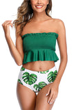 Tropical Print Smocked Bandeau High Waisted Bikini Set Green