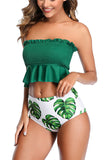 Tropical Print Smocked Bandeau High Waisted Bikini Set Green