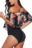 Off Shoulder Flounce Overlay One Piece Swimsuit Black