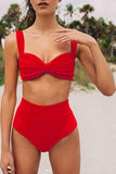 Solid Rib Knit Wide Straps High Waisted Bikini Set Red