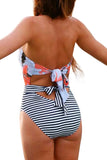 Floral Print Striped Backless One Piece Swimsuit