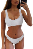 Women's Ribbed Plain Scalloped Hem Two Piece Swimsuit White