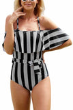 Women's Off Shoulder Striped Ruffle One Piece Swimsuit Black