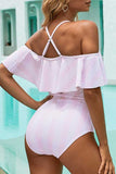 Women's Ruffled Off Shoulder Striped One Piece Swimsuit With Belt