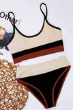 Women's Spaghetti Straps Color Block High Waisted Bikini Swimwear Apricot
