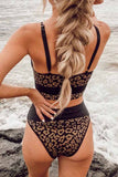 Women's Scoop Neck Leopard Print High Waisted Bikini Set Brown