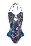 Floral Print Sweetheart Halter Monokini Swimsuit Navy Blue