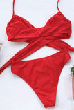 Sexy Halter Plain Wrap Neck Metal Ring Bikini Set Red