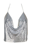 Womens Chain Halter Plunging Neck Backless Sequined Crop Top Silvery