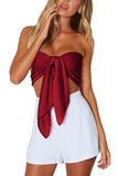 Sexy Strapless Tie Front Plain Bandeau Crop Top Ruby