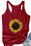 Women's Sleeveless Sunflower Print Crew Neck Casual Tank Top Ruby