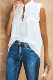Solid Sleeveless Frilled Tank Top With Button White