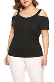 Plus Size Short Sleeve Cold Shoulder Plain T-Shirt Black