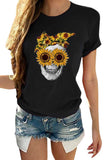 Women's Sunflower Skull Print Summer Casual T-Shirt Black
