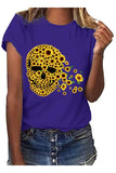 Plus Size Women's Graphic Sunflower Skull Print Crew Neck T-Shirt Purple