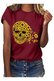 Plus Size Short Sleeve Sunflower Skull Print Summer T-Shirt Ruby