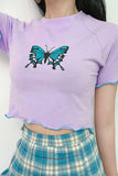 Women's Casual Butterfly Print Short Sleeve Fitted Crop Top