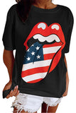 Crew Neck American Flag Lips T-Shirt For Women