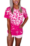 Casual Crew Neck Leopard Print Tee Rose Red
