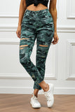 Camouflage Print High Rise Ripped Jeans