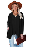 Women's Solid Color V Neck Long Sleeve Top Rib Knit High Low Shirt