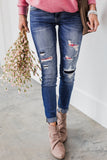 LC782933-5-S, LC782933-5-M, LC782933-5-L, LC782933-5-XL, Blue Distressed Aztec Patch Skinny Jeans