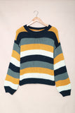 LC2721566-5-S, LC2721566-5-M, LC2721566-5-L, LC2721566-5-XL, LC2721566-5-2XL, Blue  Striped Puff Sleeve Knitted Pullover Sweater
