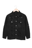LC8511514-2-S, LC8511514-2-M, LC8511514-2-L, LC8511514-2-XL, LC8511514-2-2XL, Black  Distressed Buttons Chest Pockets Denim Jacket