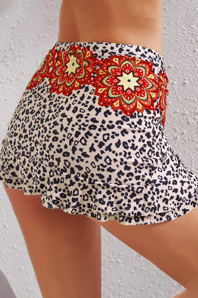 LC472108-22-S, LC472108-22-M, LC472108-22-L, LC472108-22-XL, Multicolor  Leopard Drawstring Ruched Swim Skirt