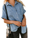 Women Turn-down Collar Short Sleeve Denim Shirt Button Down Pocket Top