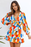 LC227392-22-S, LC227392-22-M, LC227392-22-L, LC227392-22-XL, Multicolor  Blue/Pink Deep V Neck Lantern Sleeve Knotted Tiered Mini Dress