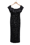 LC6111506-2-S, LC6111506-2-M, LC6111506-2-L, LC6111506-2-XL, Black Sequins Off Shoulder Side Slit Evening Dress
