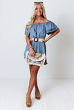 LC786423-4-S, LC786423-4-M, LC786423-4-L, LC786423-4-XL, Sky Blue Off-shoulder Ruffle Sleeves Chambray Dress