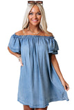 LC786423-4-S, LC786423-4-M, LC786423-4-L, LC786423-4-XL, Sky Blue Off-shoulder Ruffle Sleeves Chambray Dress