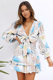 LC227392-1022-S, LC227392-1022-M, LC227392-1022-L, LC227392-1022-XL, Multicolor  Blue/Pink Deep V Neck Lantern Sleeve Knotted Tiered Mini Dress