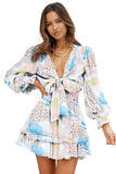 LC227392-1022-S, LC227392-1022-M, LC227392-1022-L, LC227392-1022-XL, Multicolor  Blue/Pink Deep V Neck Lantern Sleeve Knotted Tiered Mini Dress