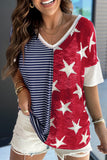 Women's Stripes Stars Print Knit Short Sleeves Top V Neck T Shirt