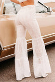 LC7711872-1-S, LC7711872-1-M, LC7711872-1-L, LC7711872-1-XL, White Sequined Lace Tiered High Waist Flare Pants