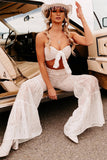 LC7711872-1-S, LC7711872-1-M, LC7711872-1-L, LC7711872-1-XL, White Sequined Lace Tiered High Waist Flare Pants